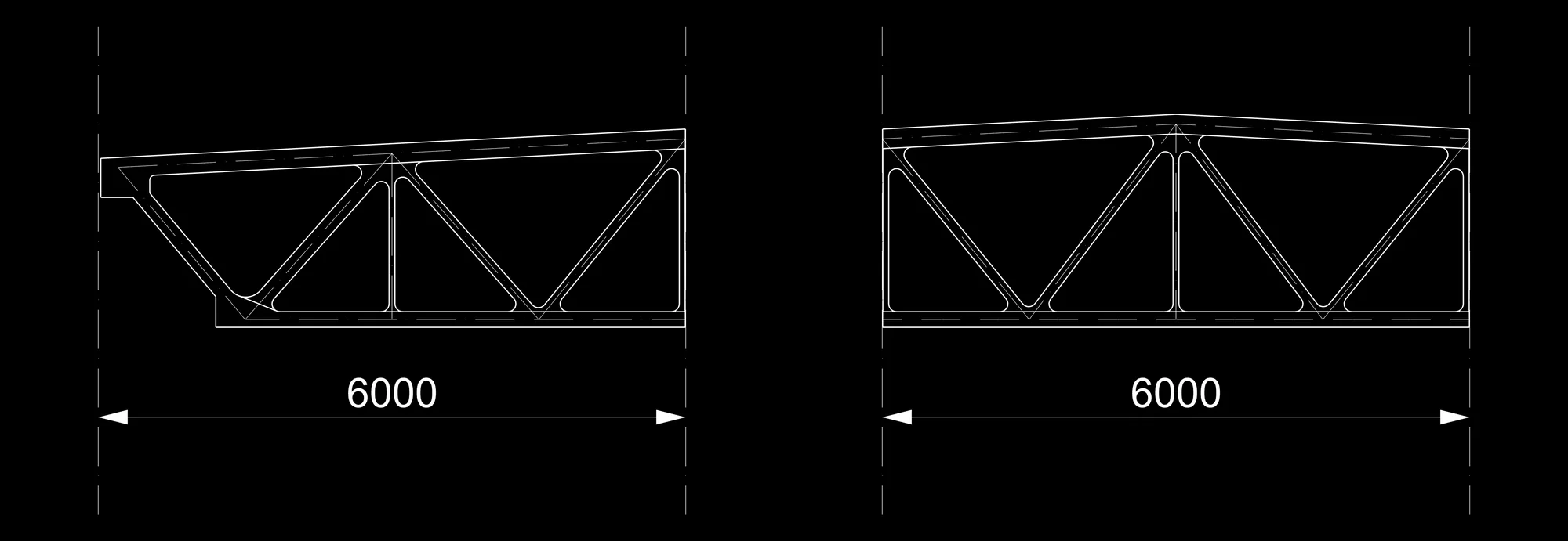 Schematic elevations of the two 6-metre segment types of an SPP 6-18/6 truss, white on black. Left, the end segment: a sloping top chord ending in a thickened bearing head, a shorter bottom chord with a thickened end, a steep end diagonal and a vertical at the inner end. Right, the middle segment: full-height verticals at both ends, a vertical at the centre and diagonals between