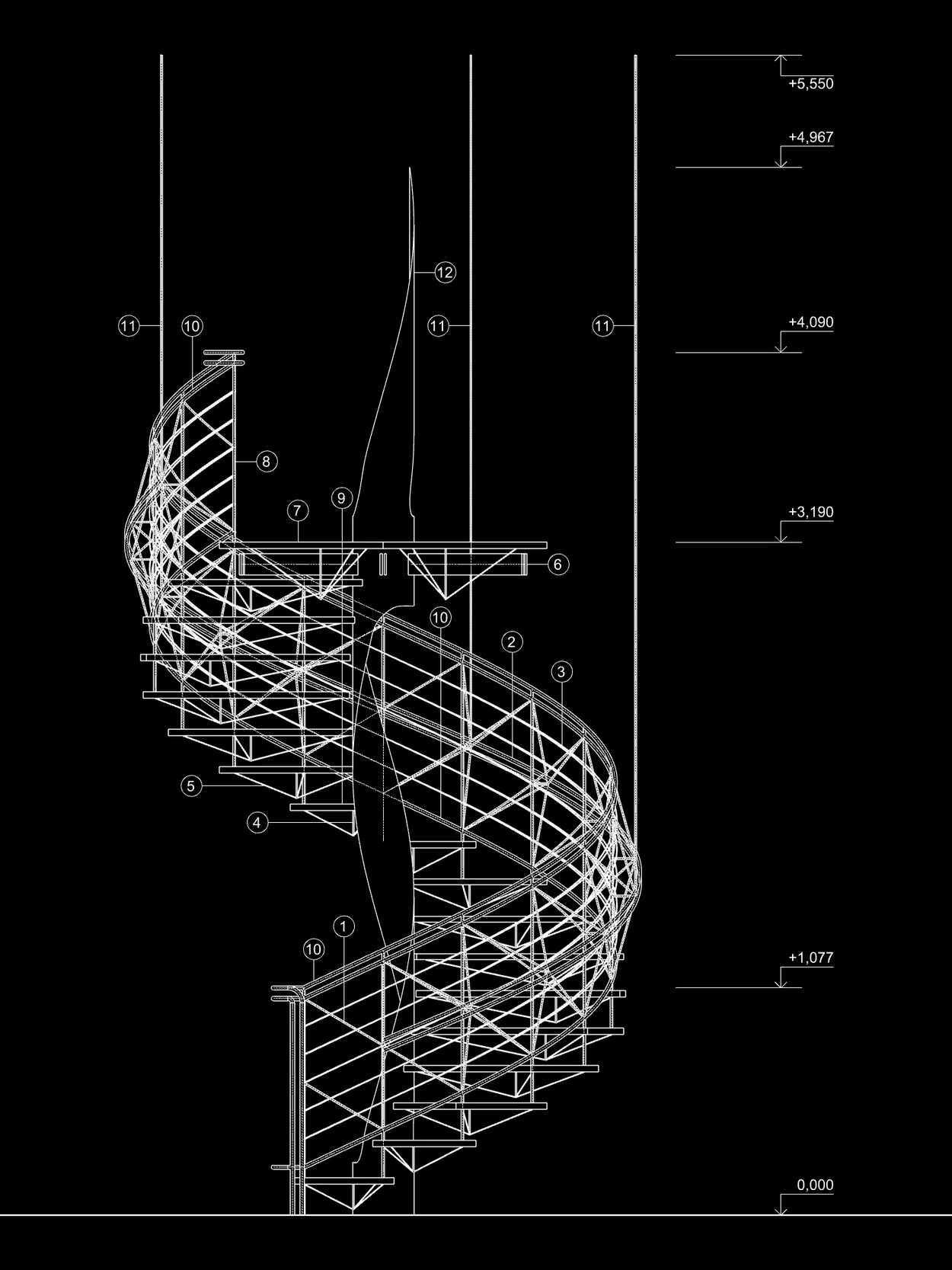 Side elevation of the spiral staircase showing the helical steel newel, the trussed balustrade cage, the glass treads and the tie rods running to the slab above