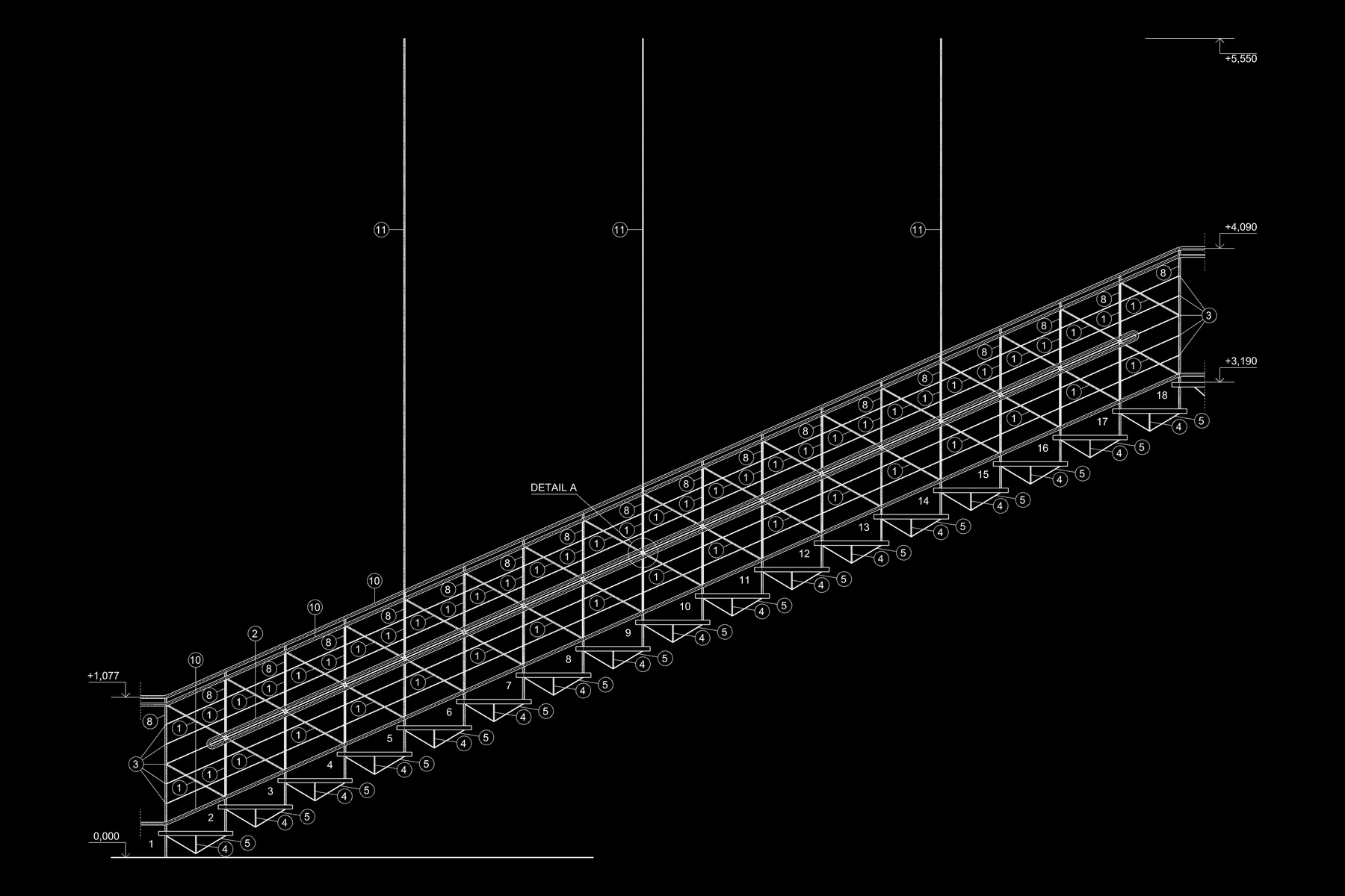 Developed elevation of the staircase, unrolled flat, showing the eighteen treads, the trussed balustrade above them and the king-post trusses beneath each tread
