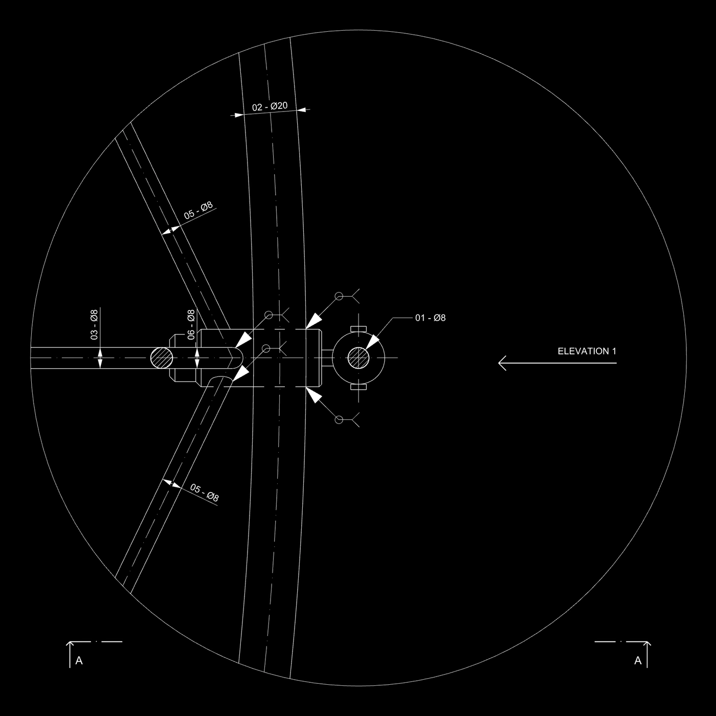 Circular detail drawing, section B-B through the same balustrade node cut at right angles to the previous section