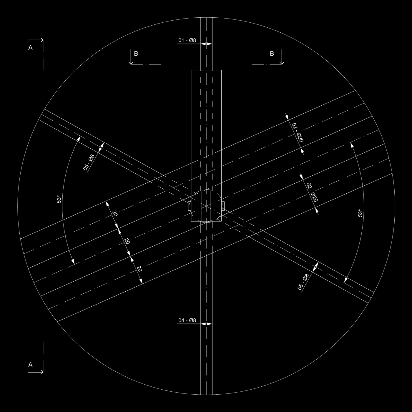 Circular detail drawing showing the balustrade node in elevation, with the vertical baluster crossed by hoop rails and lattice rods at 53 degrees