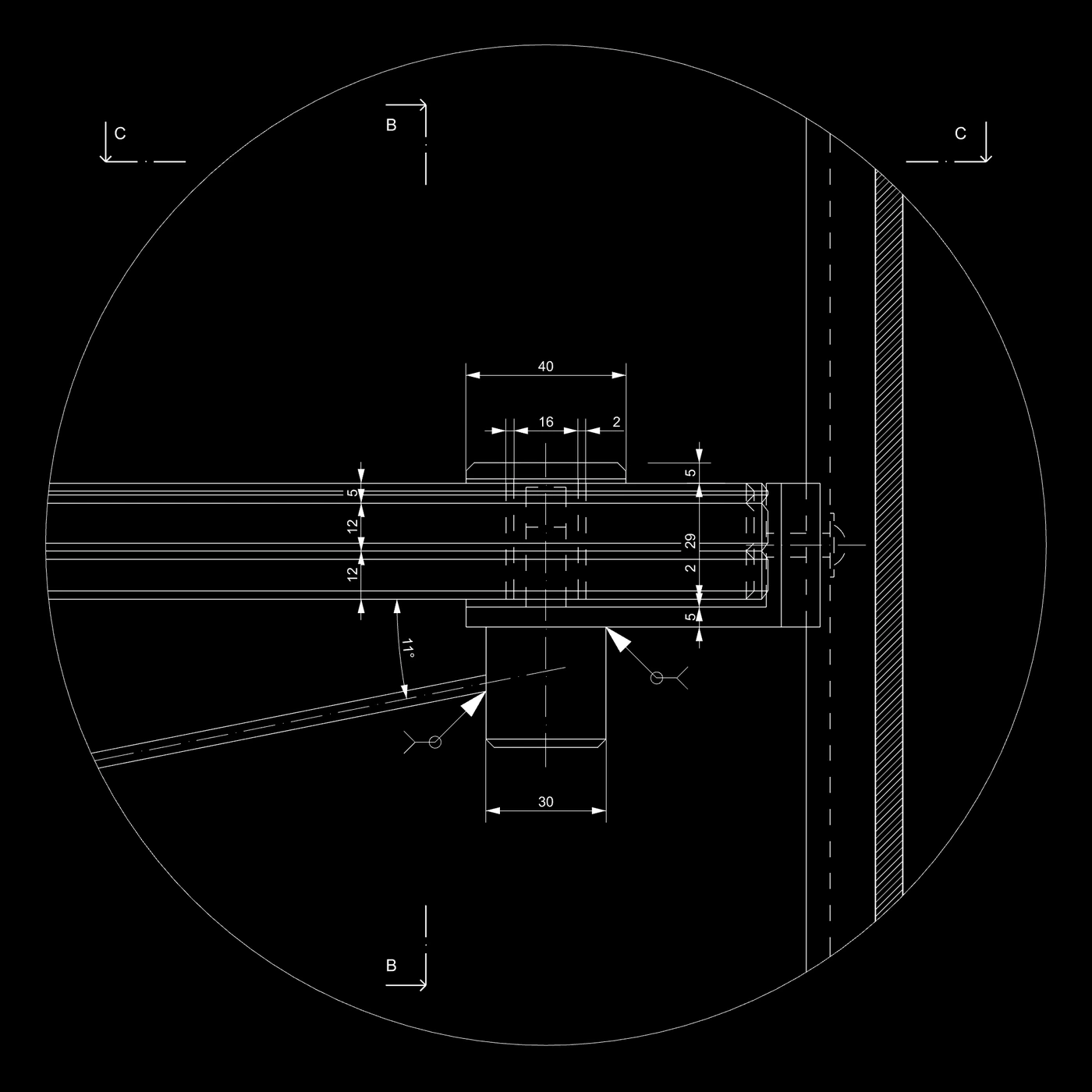 Circular detail drawing, section A-A through the edge of a glass tread held in a steel shoe, with a strut arriving from below at 11 degrees