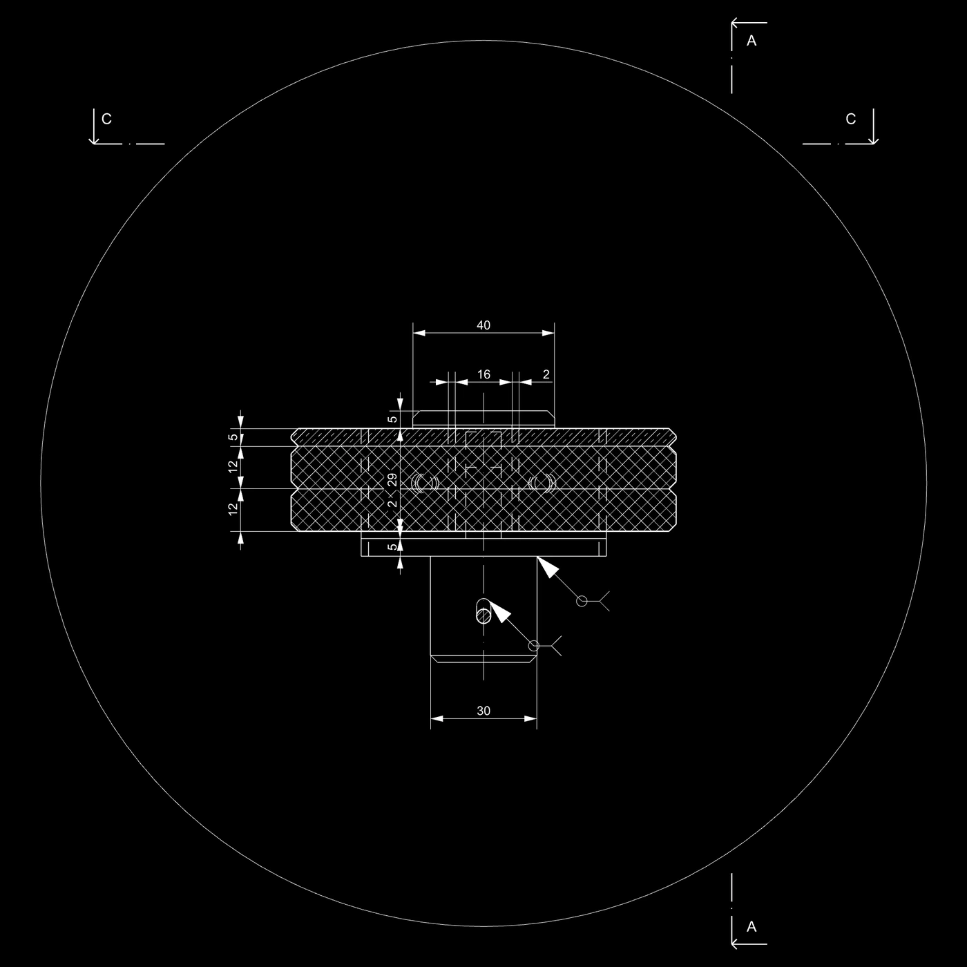 Circular detail drawing, section B-B showing the laminated glass tread build-up hatched and gripped between steel plates over a baluster foot